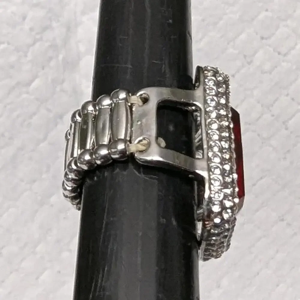 Statement Ring SilverTone‎ Red Clear Rhinestones Stretch Plus Size Square New